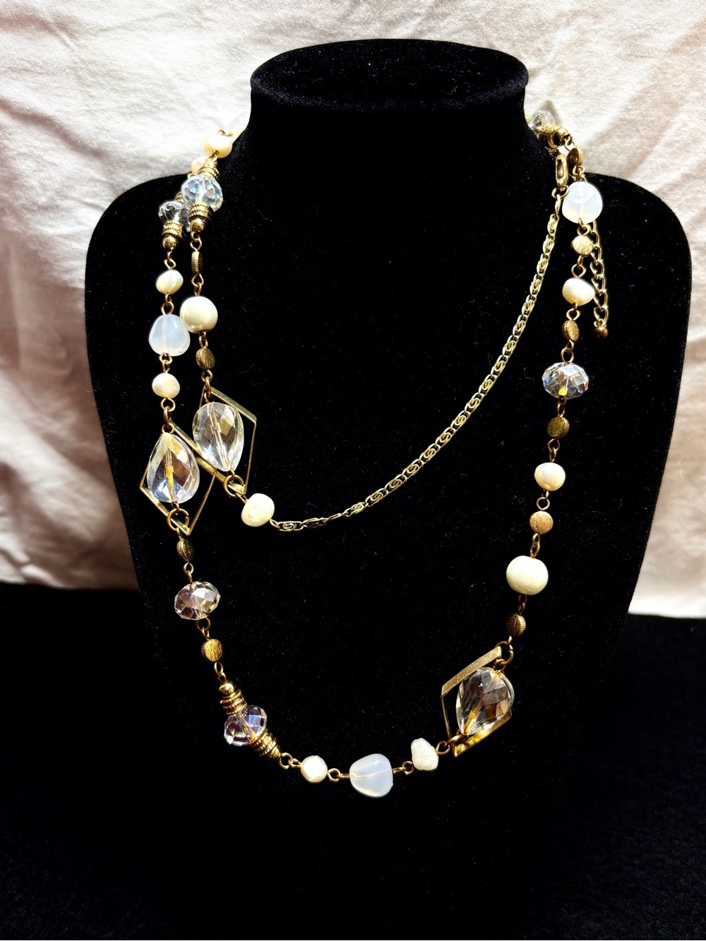 Vintage Elegant Gold-Tone Beaded Long Necklace with Clear and Cream Accents